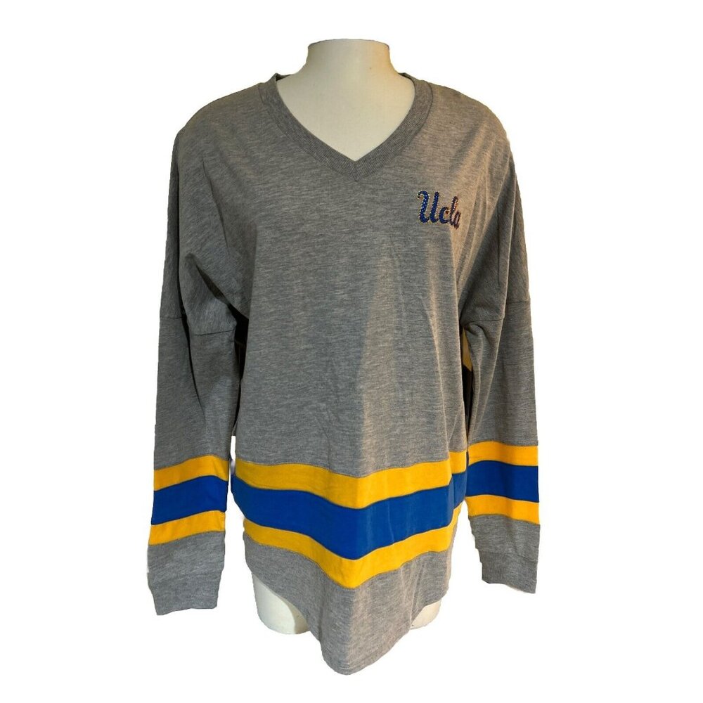 NEW California UCLA Bruins Colosseum Grey Stripped V Neck LS Shirt Women's M
